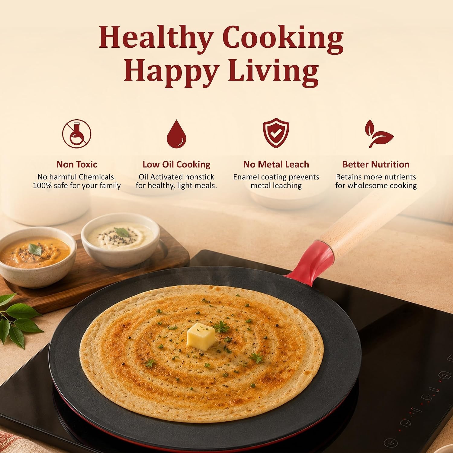 Vinod Freya Cast Iron Roti Tawa Gas Induction TREON Enamel Beechwood