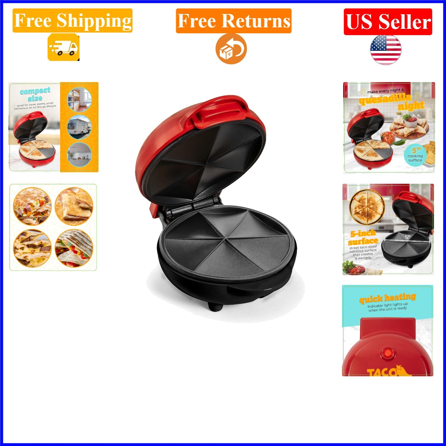 Red 5-Inch Quesadilla Maker with Non-Stick Coating, 6-Wedge Cooking Surface