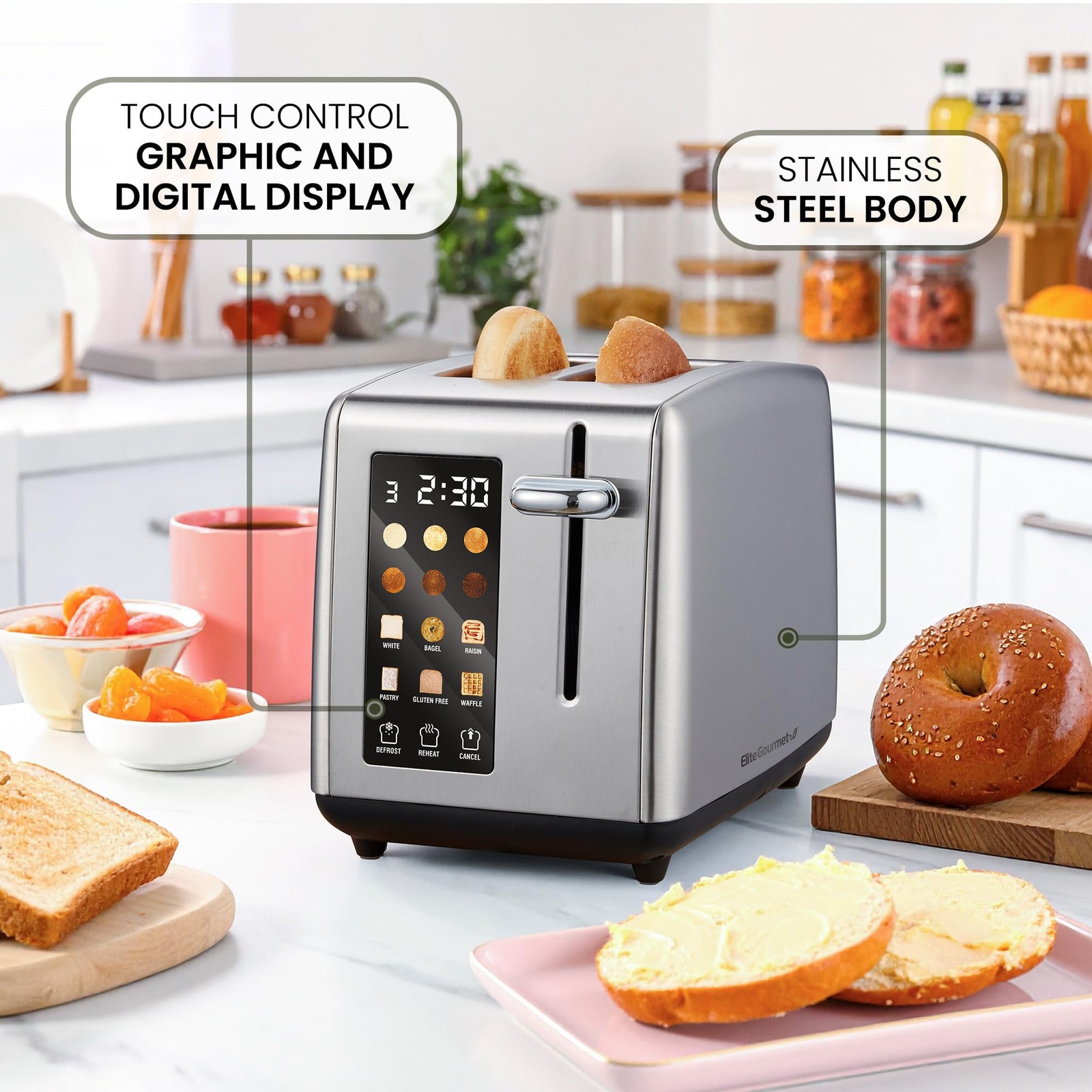 Elite Gourmet 2-Slice Digital Toaster, Touch Control, Gloss Black, Defrost