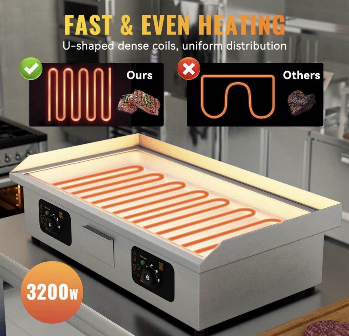 3KW Commercial Electric Countertop Griddle Flat Top Grill Hot Plate BBQ 73x40cm