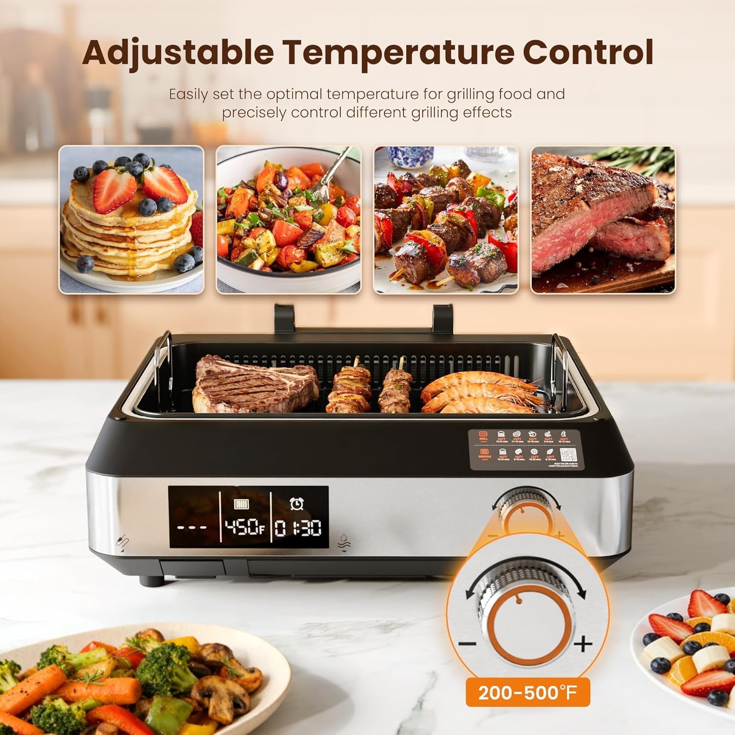 2-in-1 Indoor Grill Griddle Smokeless Electric Temp Probe Black – NIB