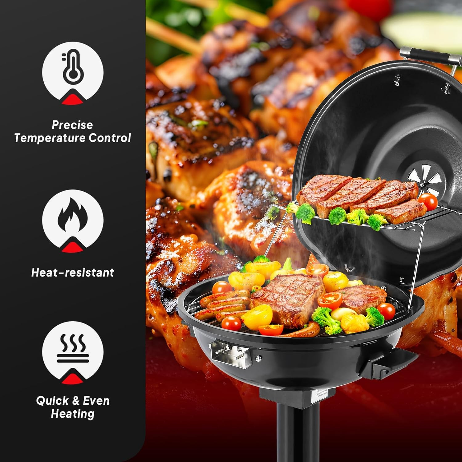 1600W Vertical Electric Grill with Lid, Red 304 Stainless Steel Grill W/Detachab