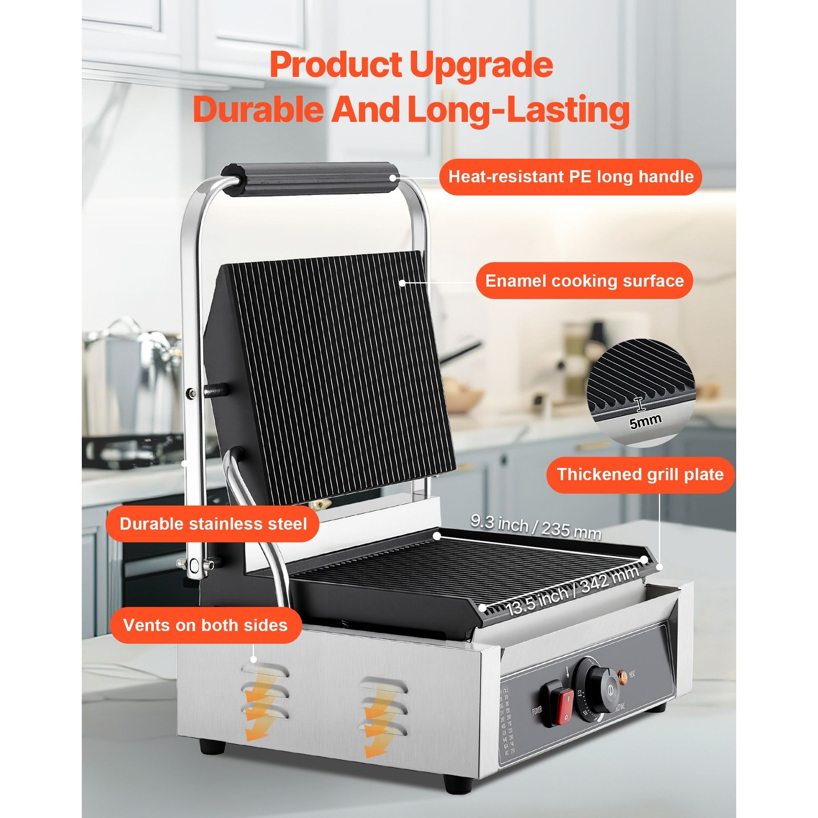 Electric Panini Grill, 1800W Sandwich Press with Temp Control, 13.5×9.3 in