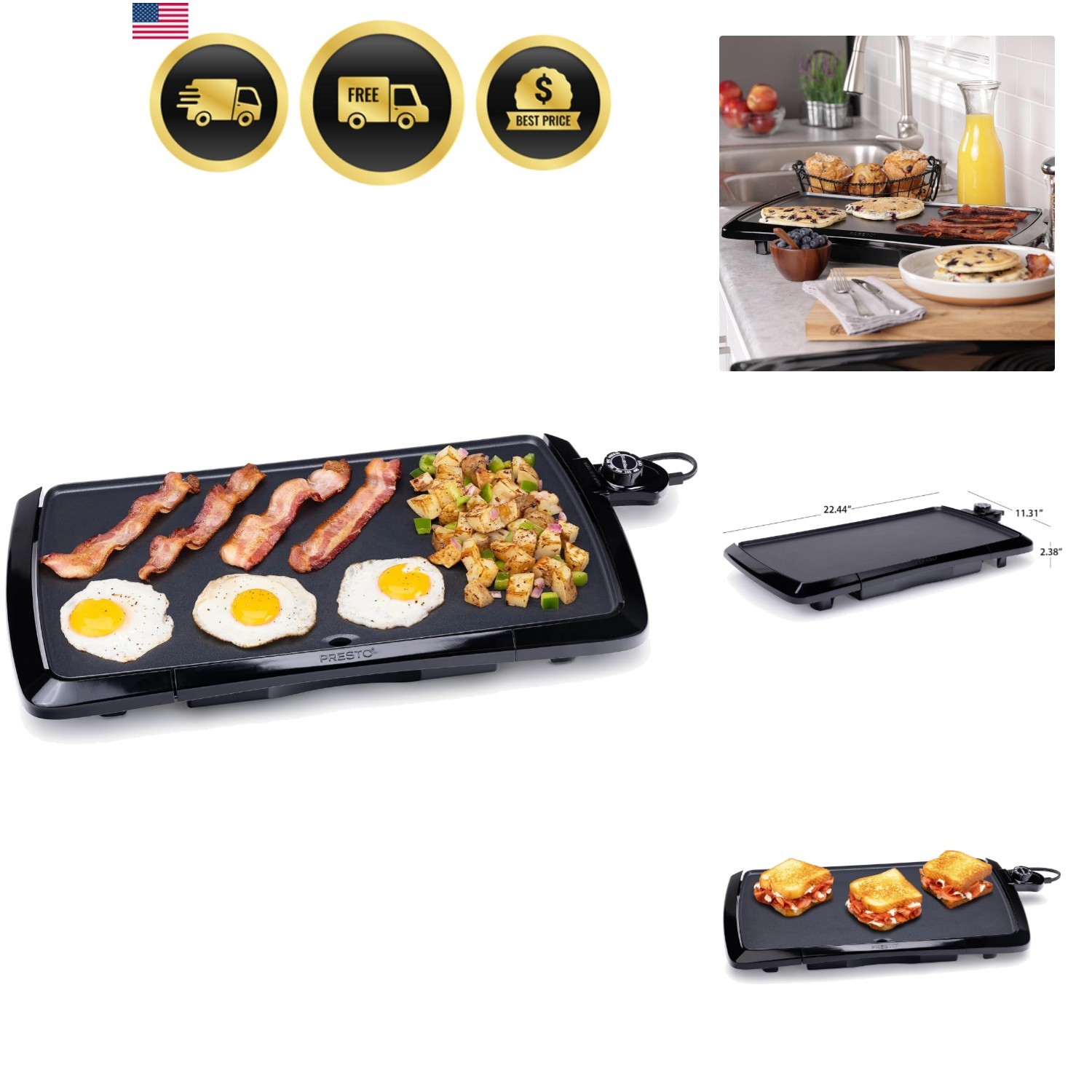 Electric Griddle Nonstick Large Cooking Surface Cool Touch Food Prep