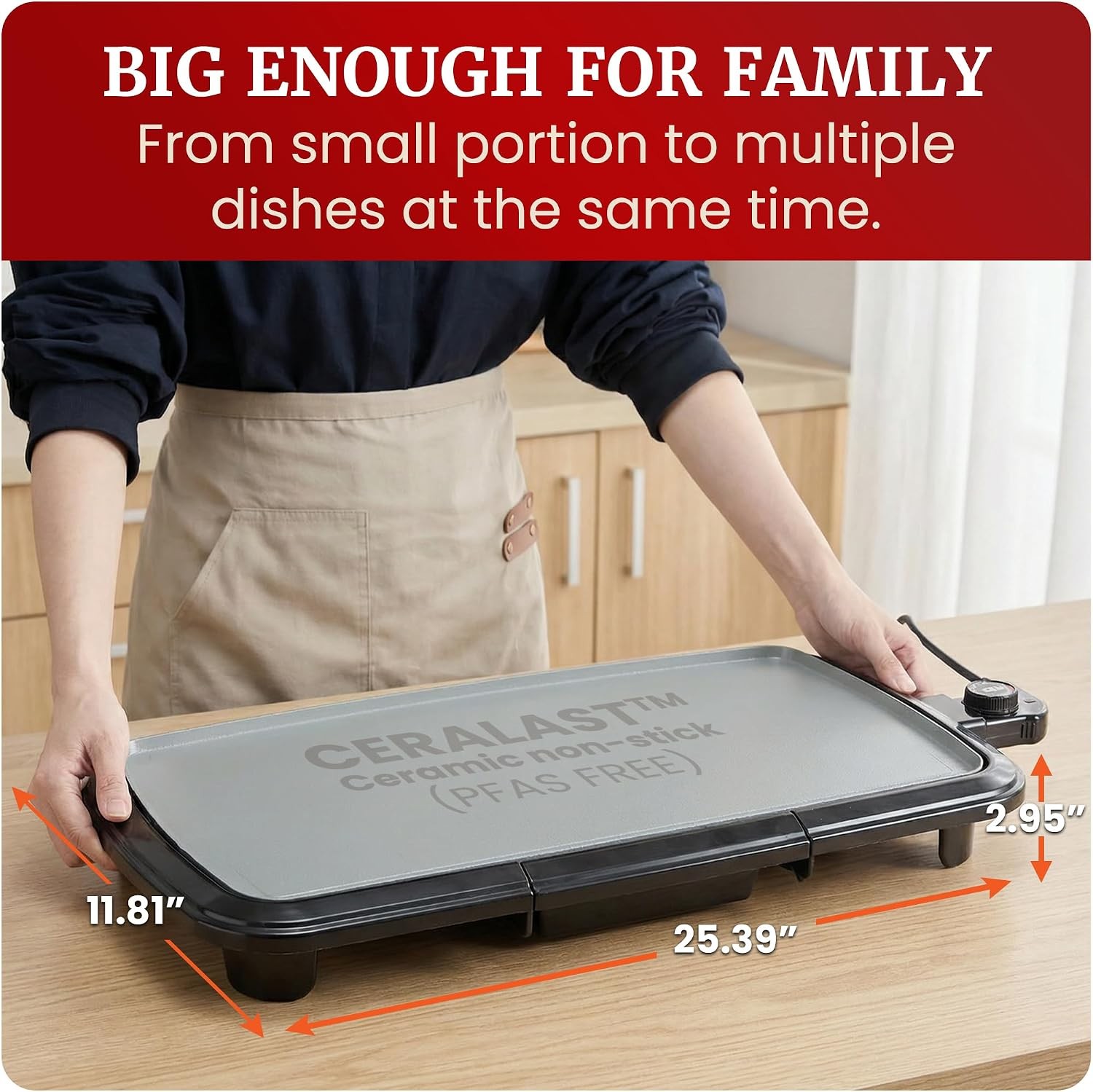 Electric Griddle Ceralast Non-Stick 10″x20″ Black/Grey | PFAS-Free Ceramic