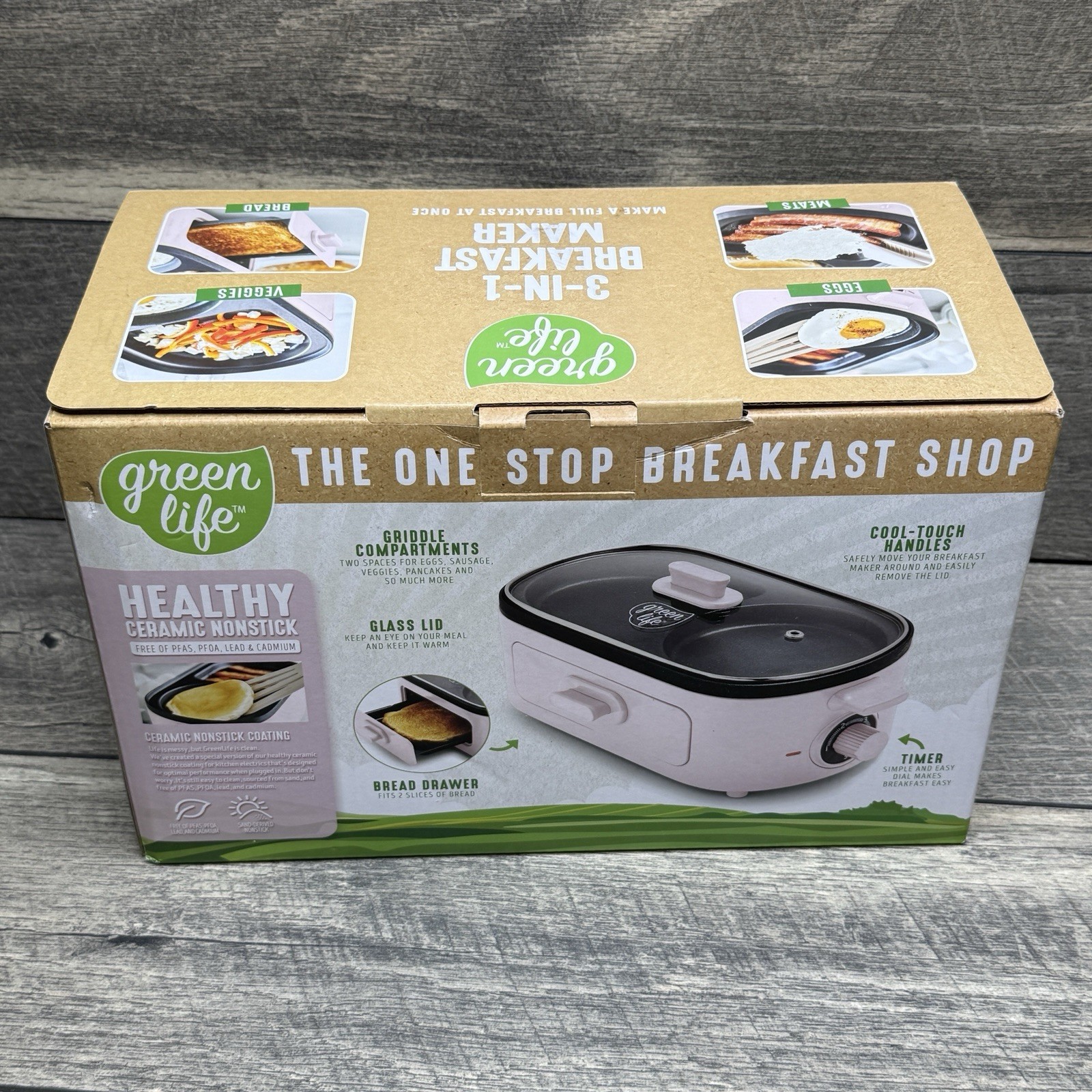 GreenLife 3-in-1 Breakfast Maker Station Nonstick Griddle Top Bread Drawer Pink