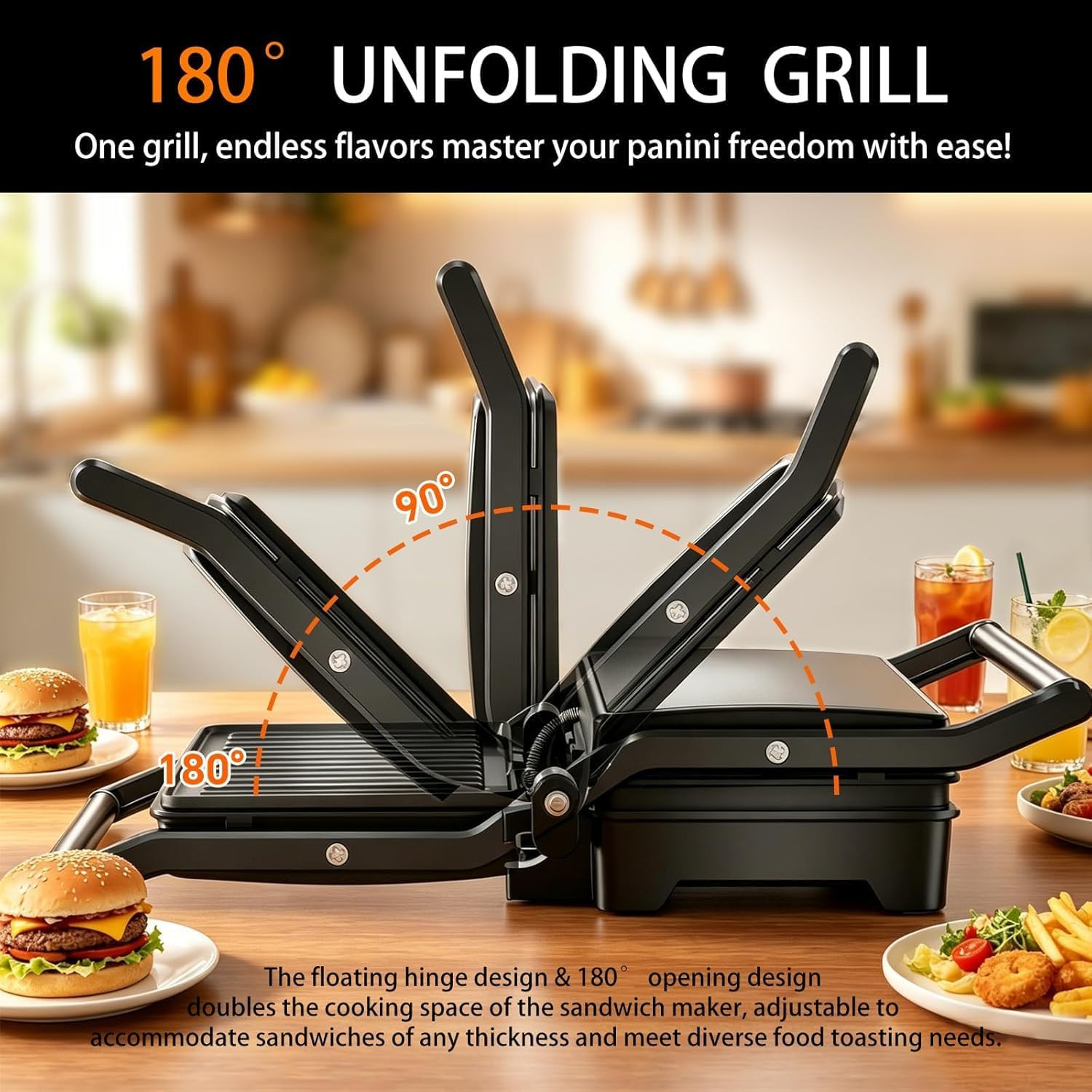 Panini Press Grill, Sandwich Maker with Non-Stick Coated Plates & Removable Drip
