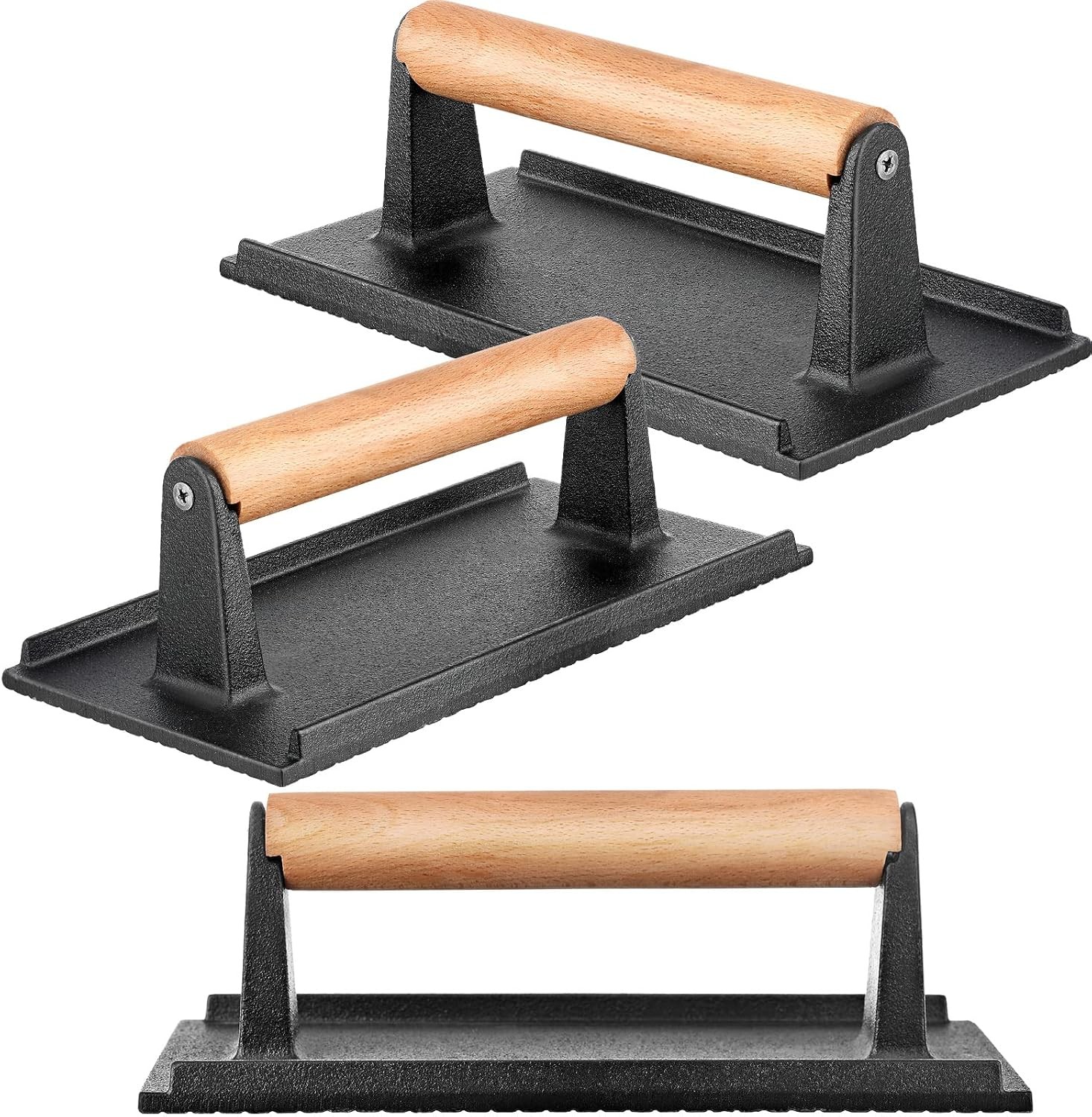 3 Pcs Cast Iron Grill Press 8 x 4 Inch Bacon Burger & Sandwich Press Griddle