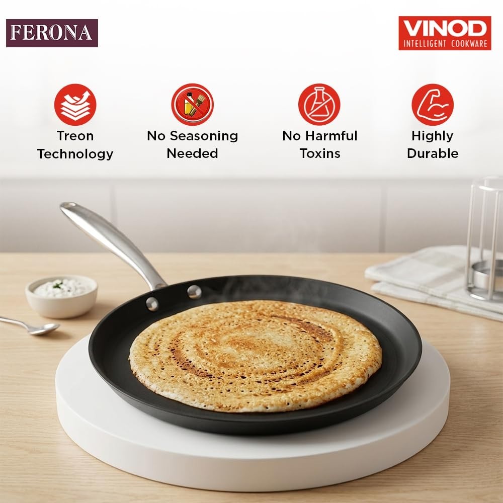 Vinod Ferona Cast Iron Dosa Tawa Gas Stick-Free Metal Spoon Safe PTFE Free