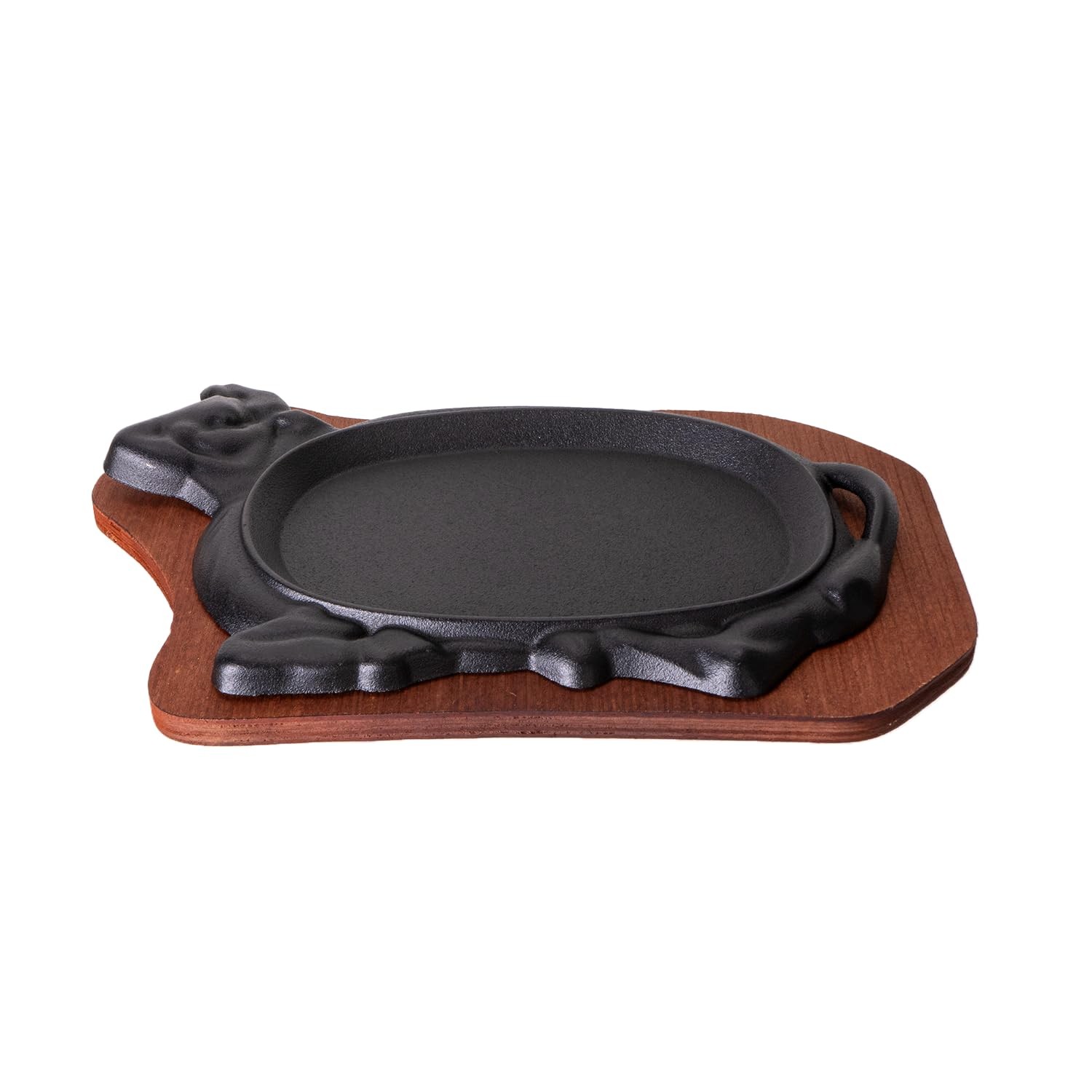 Cast Iron Steak Plate, Sizzle Griddle, Wooden Base, Cow Shaped, 10 inch, Fajita