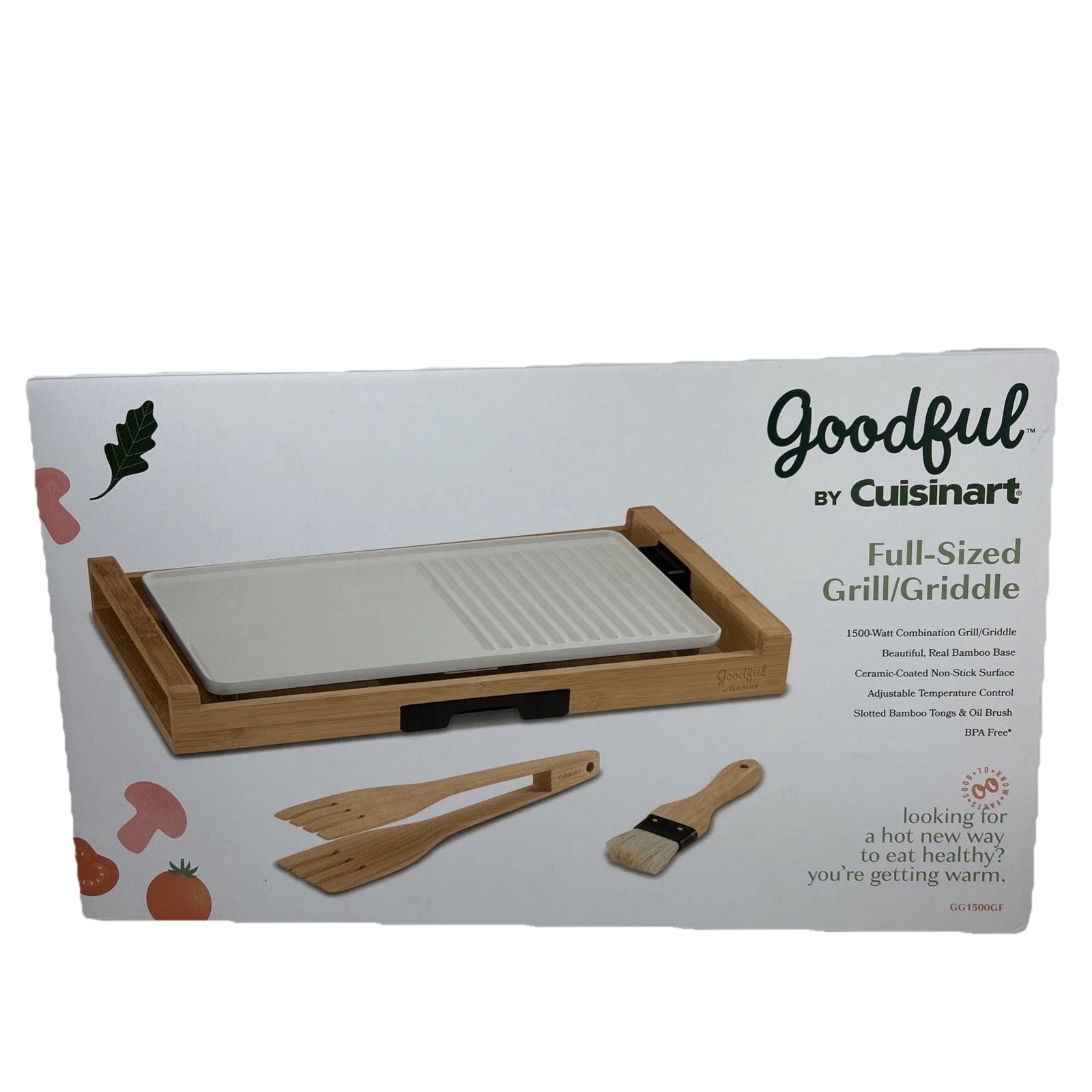 Cuisinart Goodful Grill Griddle BBQ White Ceramic Nonstick GG1500GF Bamboo Tongs