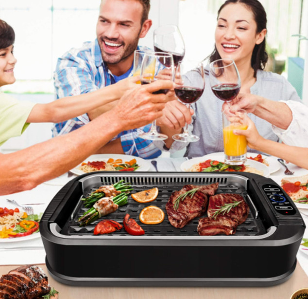 Parrilla eléctrica interior sin humo 1500W con tapa de vidrio y control 6 nivele