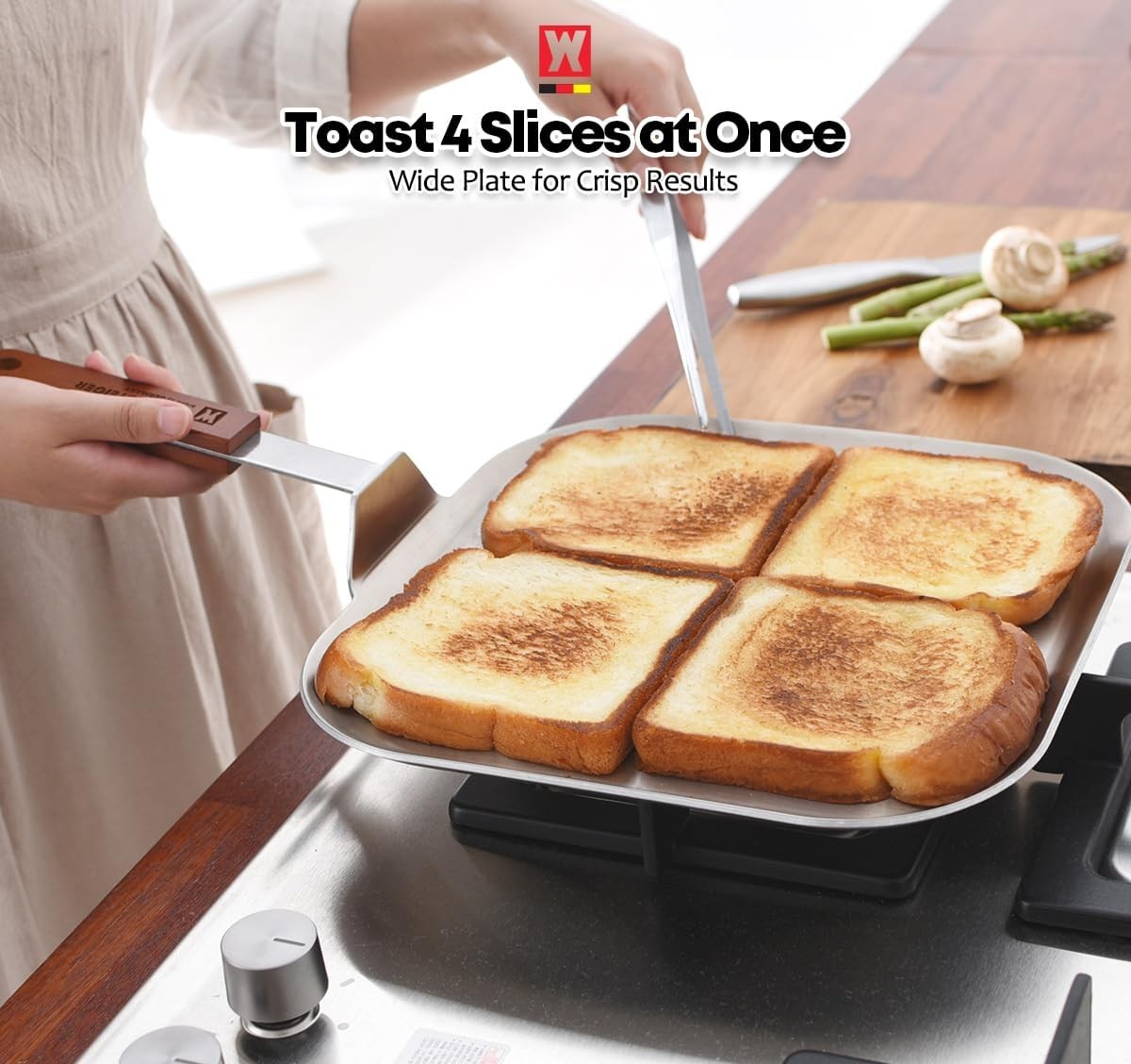 Stainless Steel Square Griddle Pan/Plate with Wooden Handle, 3-Ply Constructi