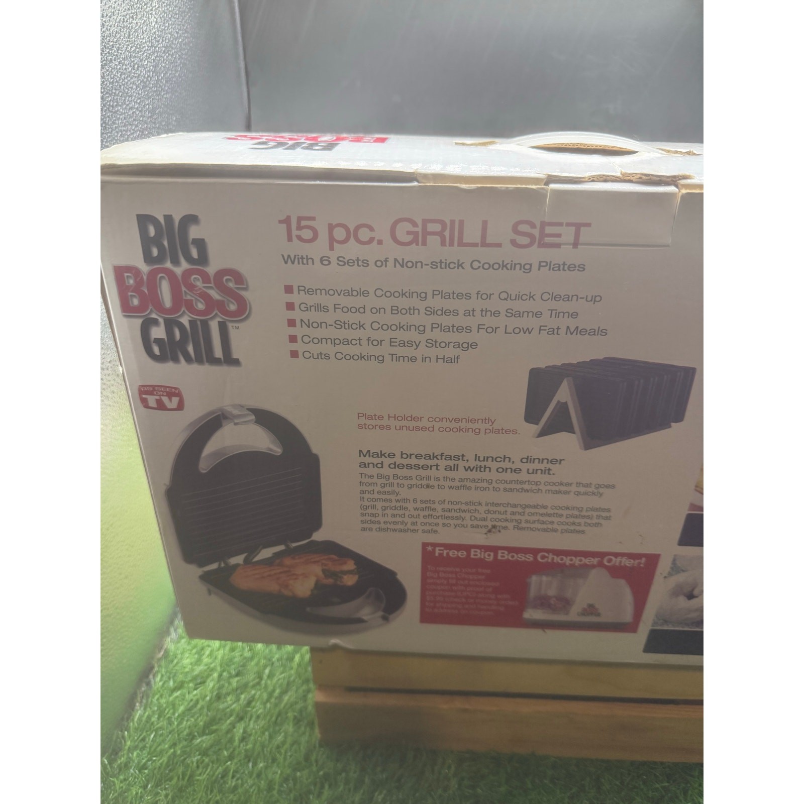 Big Boss Grill 15-Pc Set-New in Box w/ Unit, Rack and Plates-Complete