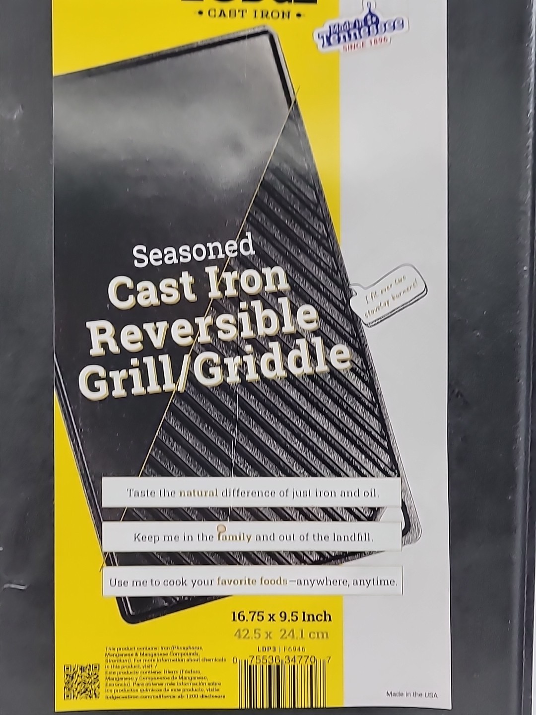 Double Sided Grill Griddle Lodge Cast Iron Seasoned Reversible 16.75 x 11.5 LDP3