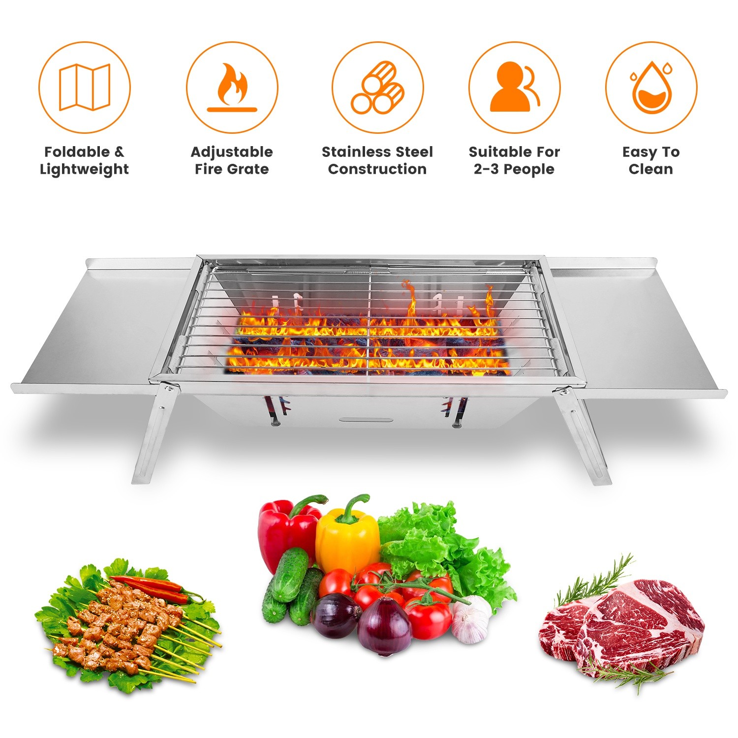 Portable Charcoal Grill with Adjustable Fire Grate Foldable for Camping BBQ