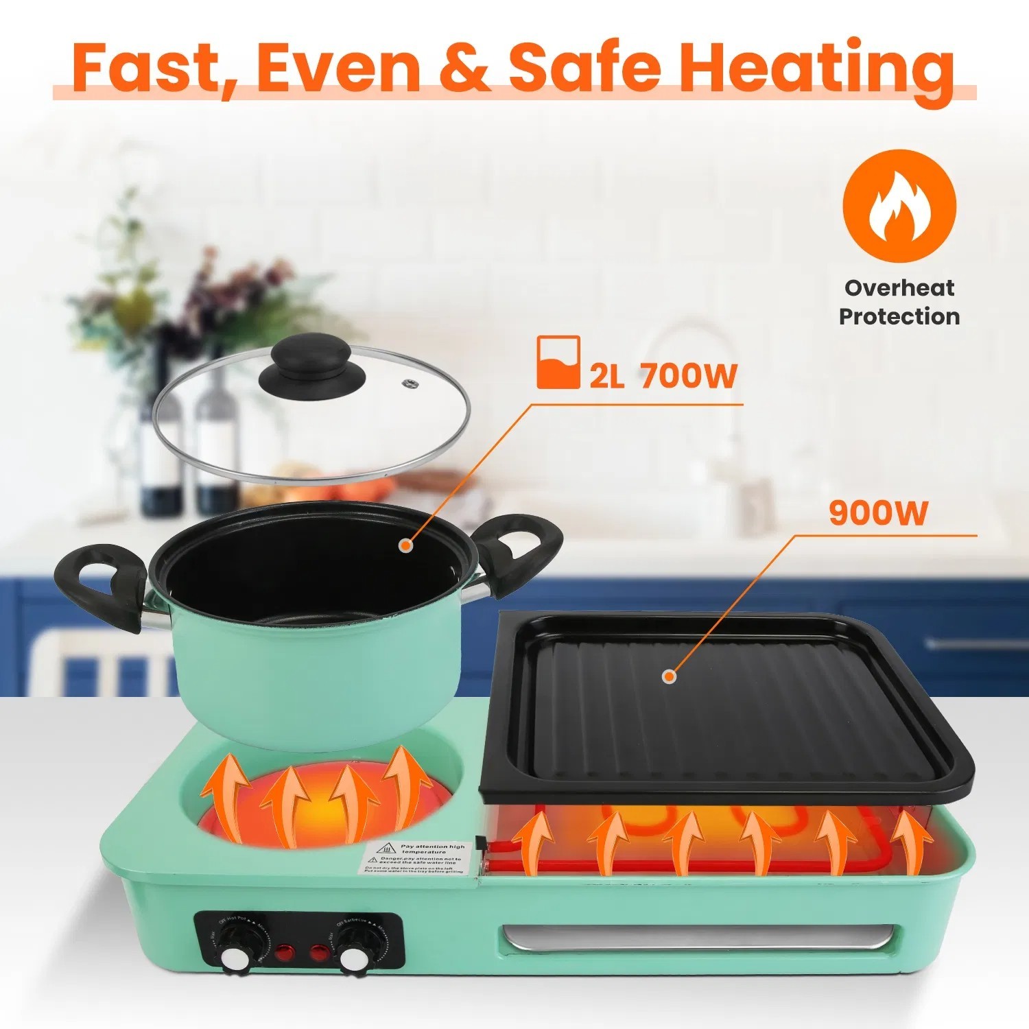 3 in 1 Electric Hot Pot with Grill 1600W Smokeless Non-Stick Korean BBQ Grill