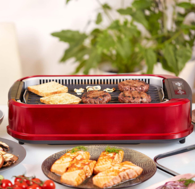 Parrilla eléctrica 1500W sin humo con tapa vidrio y placas antiadherentes