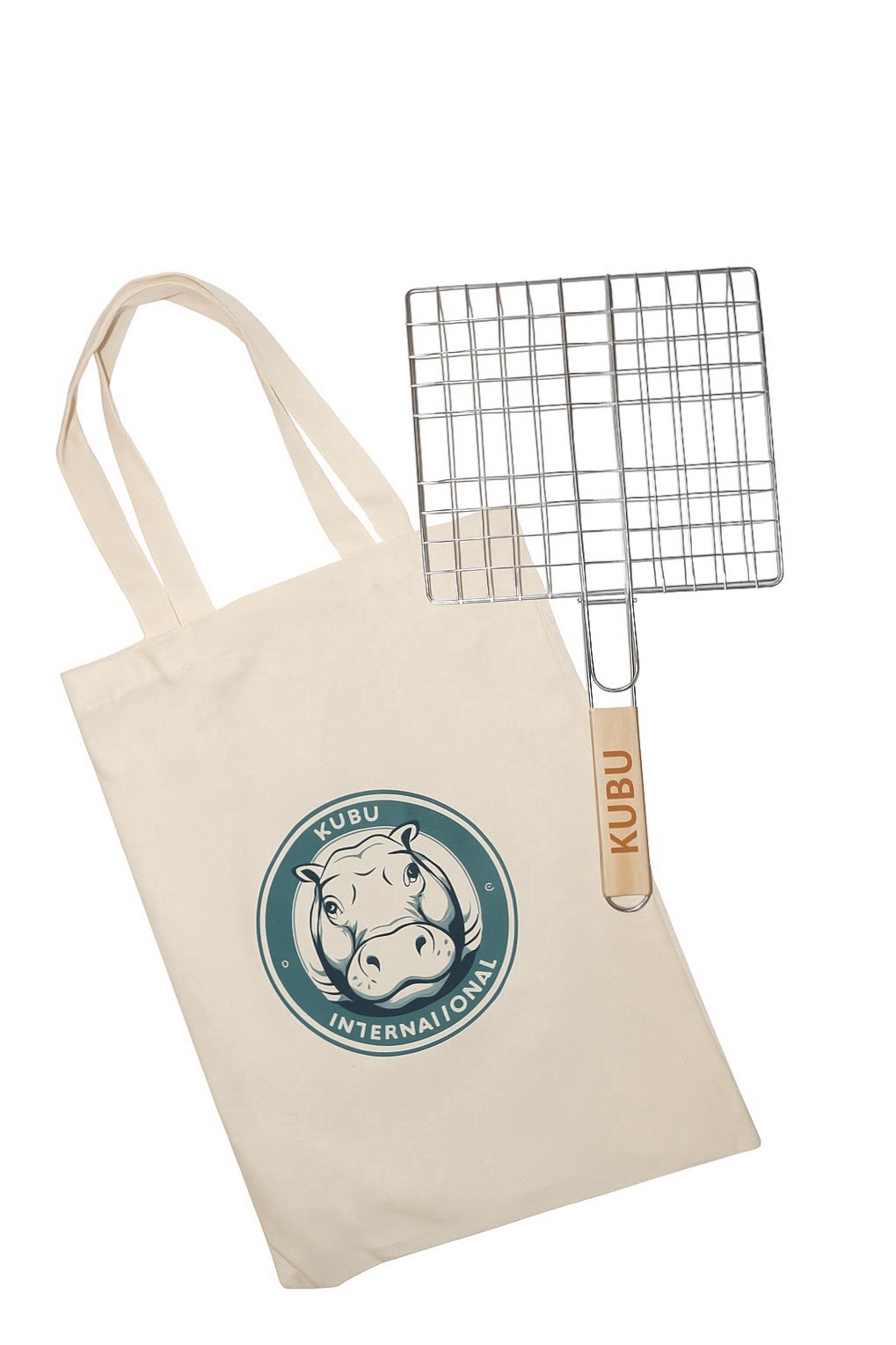 KUBU Silver Steel Grill Basket with Wood Handle & Tote Bag, Reusable