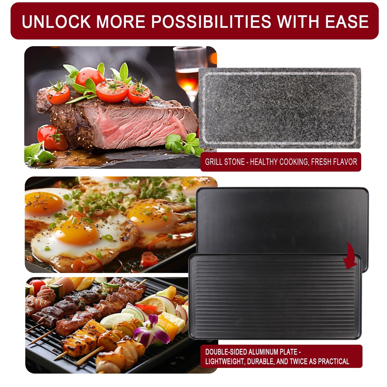 2-in-1 1700W Adjustable Temperature Raclette Grill with Granite Stone & Non-S…