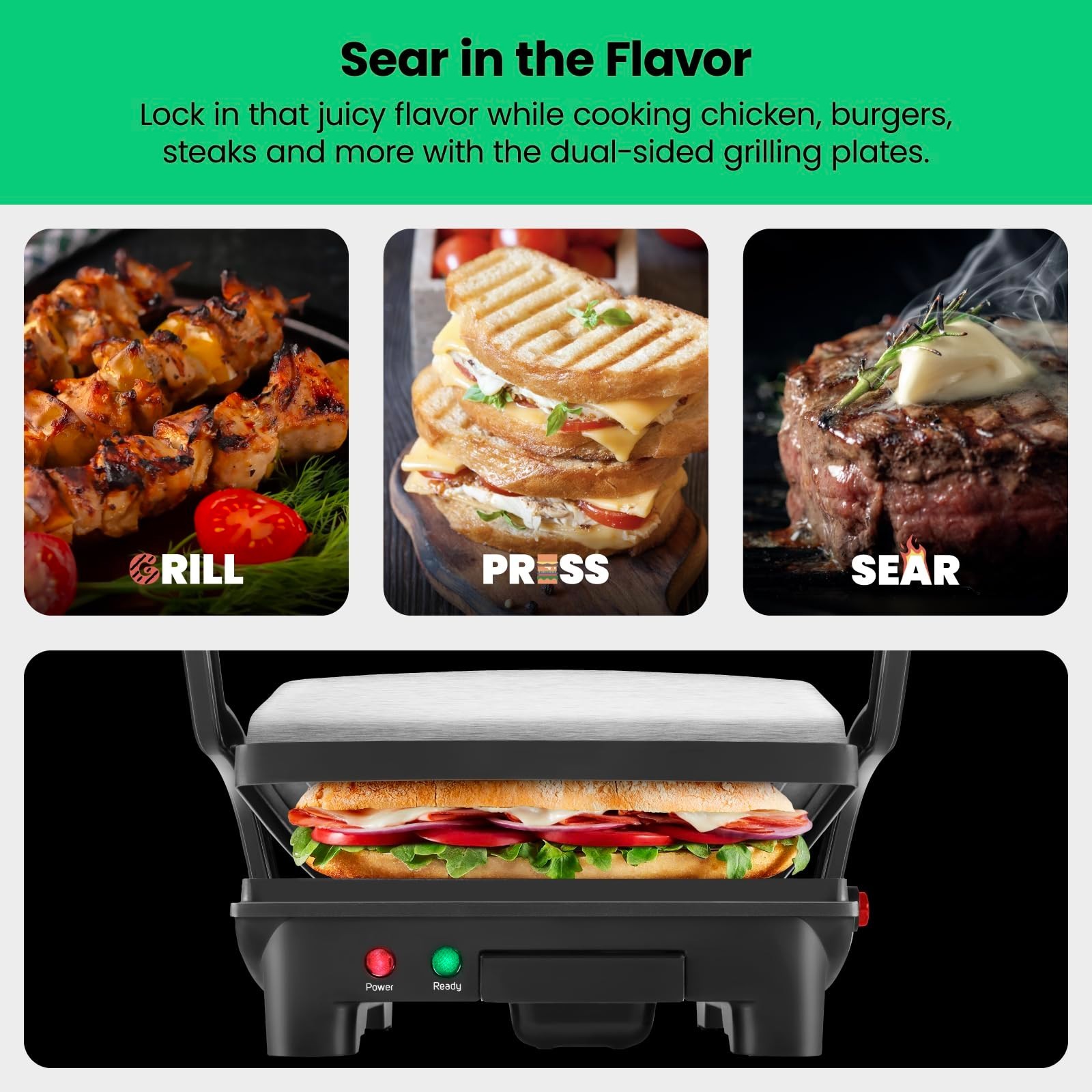 Non-Stick Panini Press Grill & Gourmet Sandwich Maker, 180° Opens, 4 Slice, Stai