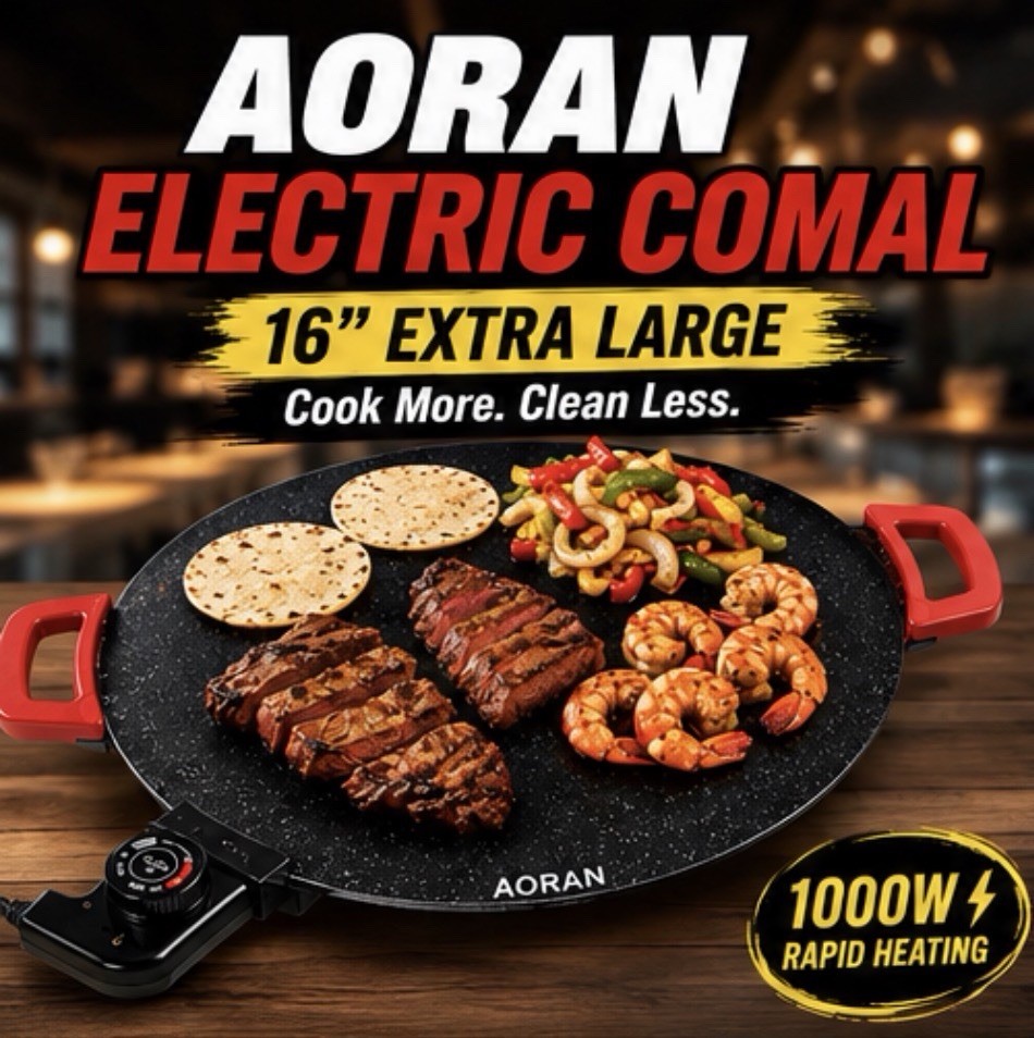 AORAN 16in Round Electric Comal Griddle 1000W Non-Stick Temp Control Black