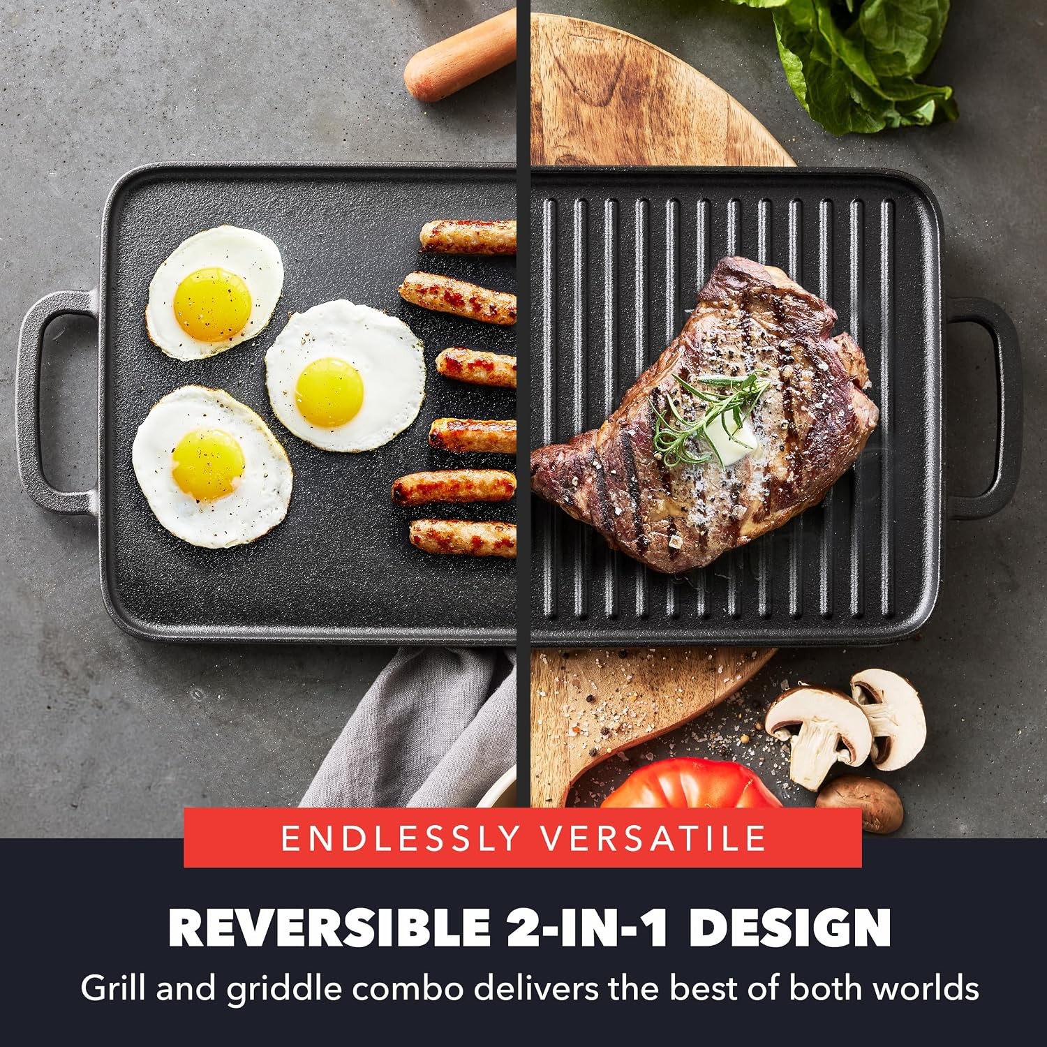 x Bobby Flay 16.5 x 9.5 Cast Iron Reversible Double Burner Griddle | Natural