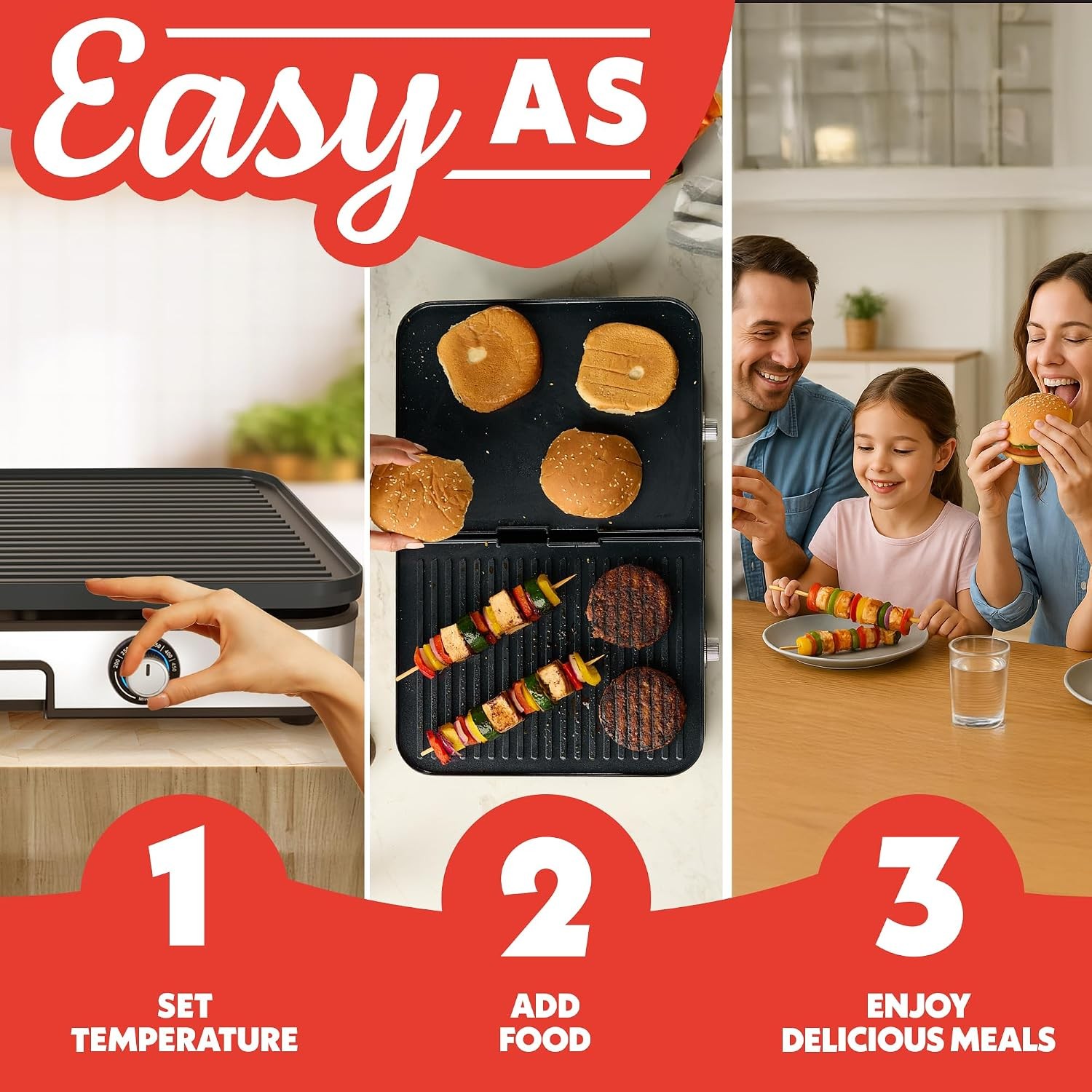 Gourmia 3-in-1 Indoor Grill Griddle – Dual Zones Nonstick Ceramic Dishwasher