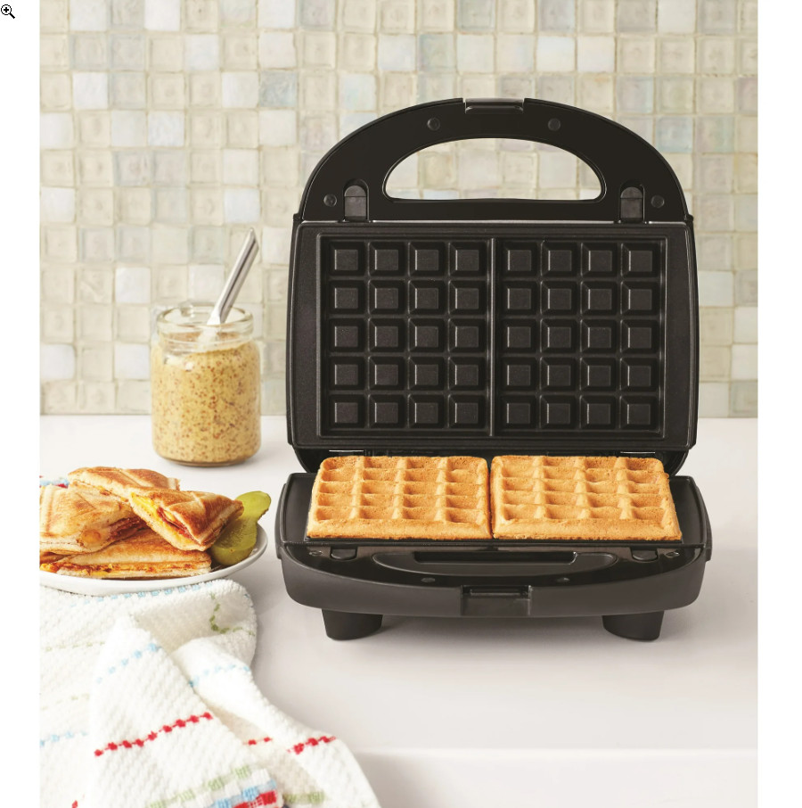 Mainstays Black 2 in 1 Waffle and Sandwich Maker, Nonstick, DAMAGED