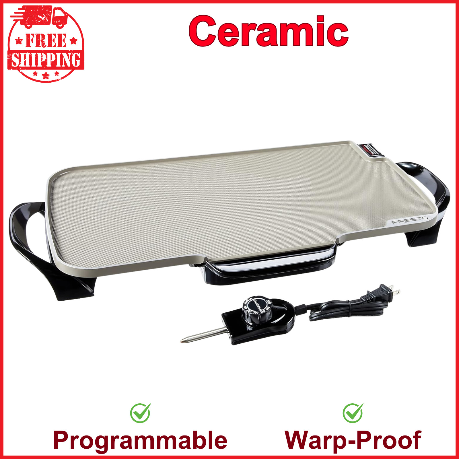 Presto 07062-22-Inch Ceramic Removable Handles Electric Griddle – Grey Ceramic