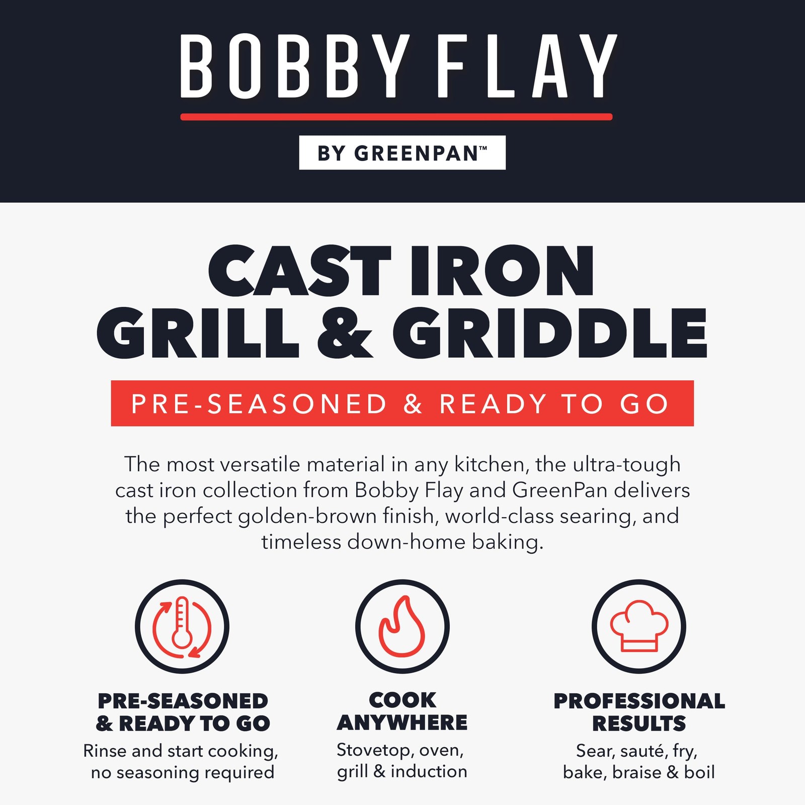 Bobby Flay GreenPan Cast Iron Reversible Grill Griddle 16.5 x 9.5 Preseasoned