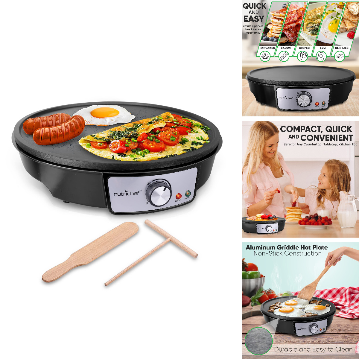 Nutrichef Electric Griddle Crepe Maker Nonstick 12 Inch Hot Plate Cooktop
