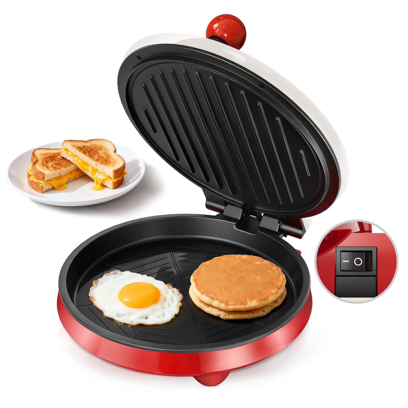 3in1 Electric Griddle Nonstick Sandwich Maker On/Off Switch 8 Inch Red