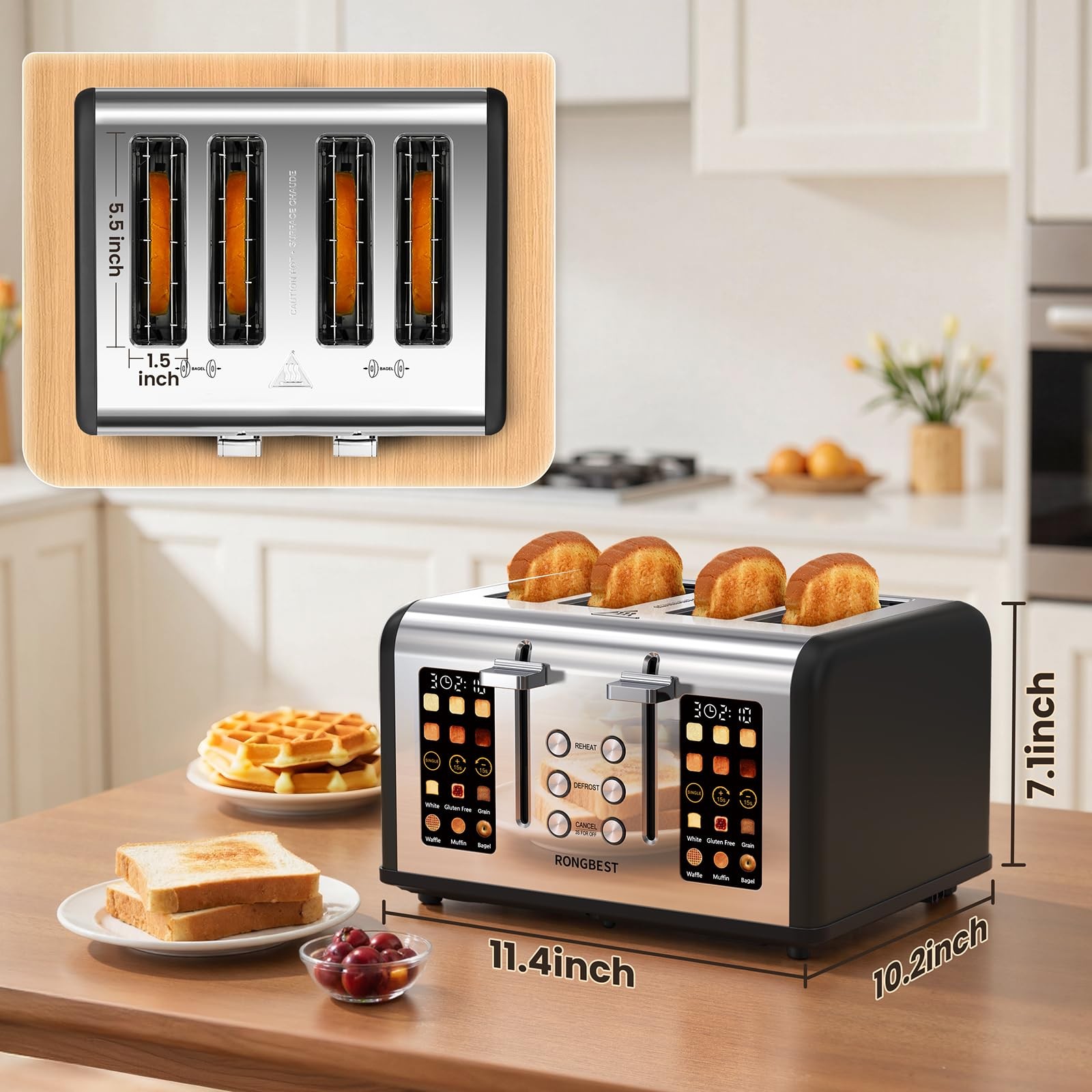 4 Slice Touch Screen Toaster, Easy-to-Use Digital Stainless T-86R-BK, Black