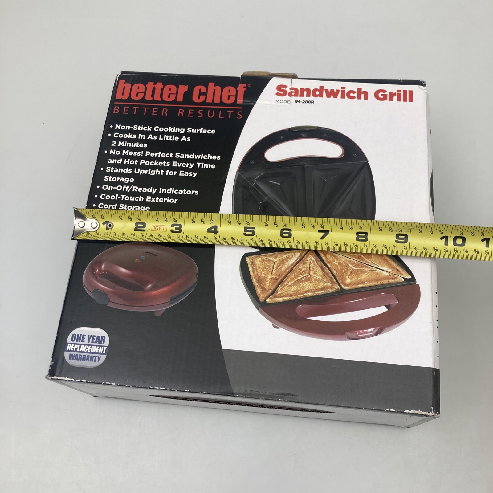 Better Chef Non Stick Cooking Surface Hot Sandwich Grill Model IM-288R Red NIB