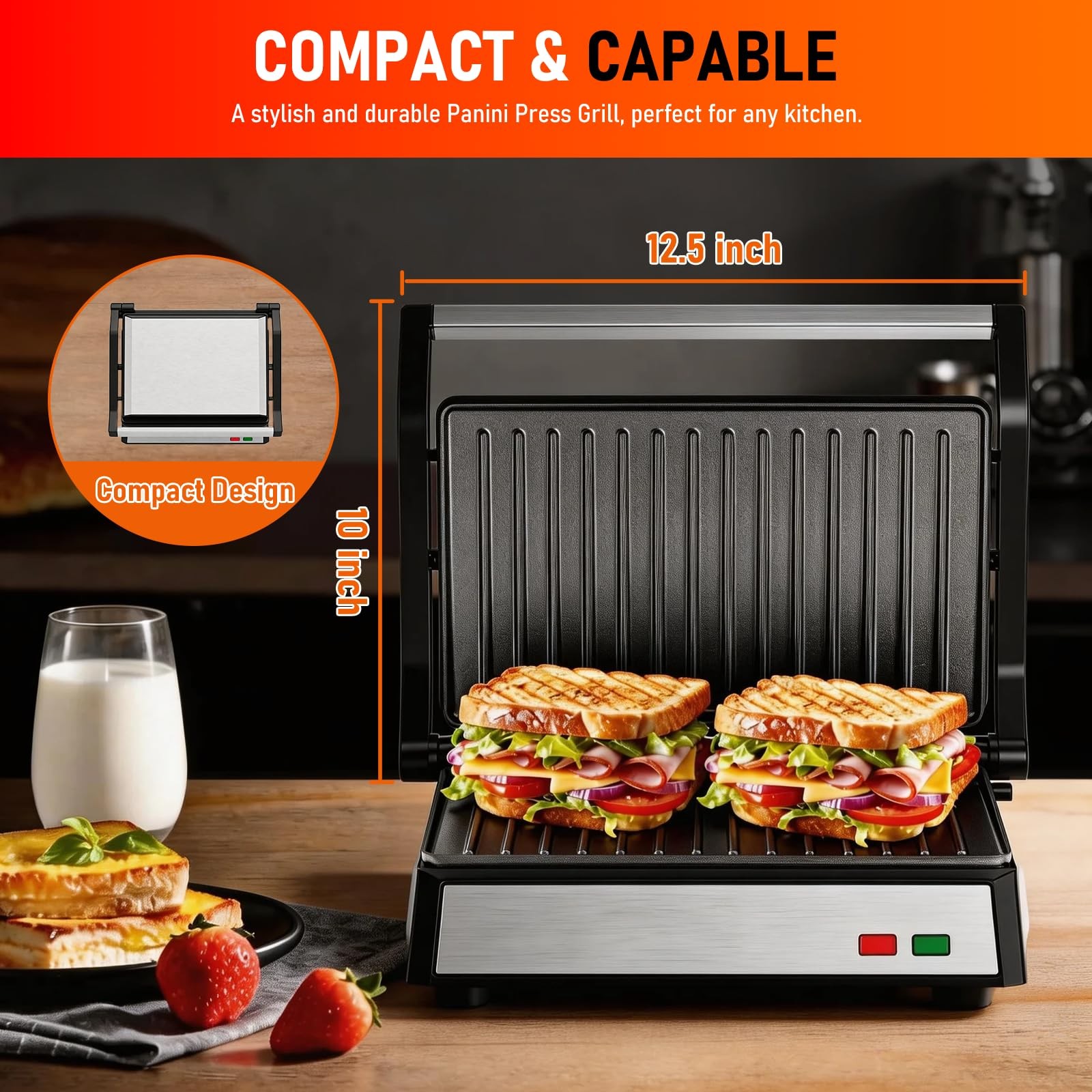 Panini Press Grill, Standard 2-Slice Sandwich Maker with Non-Stick Plates, 12…