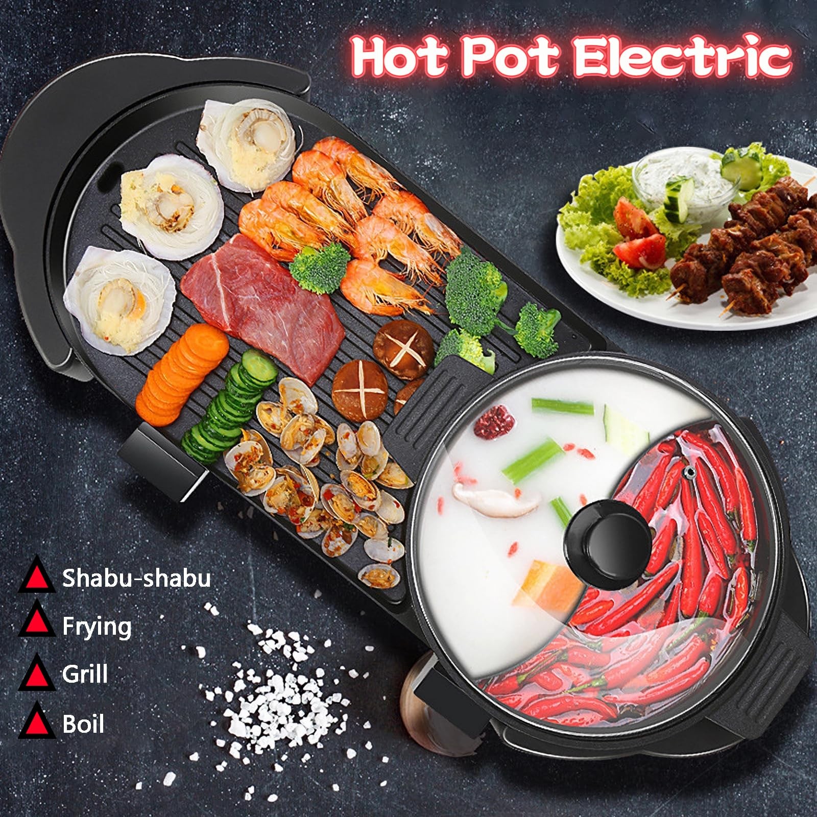 Hot Pot with Grill, Electric Hot Pot 2 in 1 Shabu Shabu Hot Pot Korean BBQ Gr…