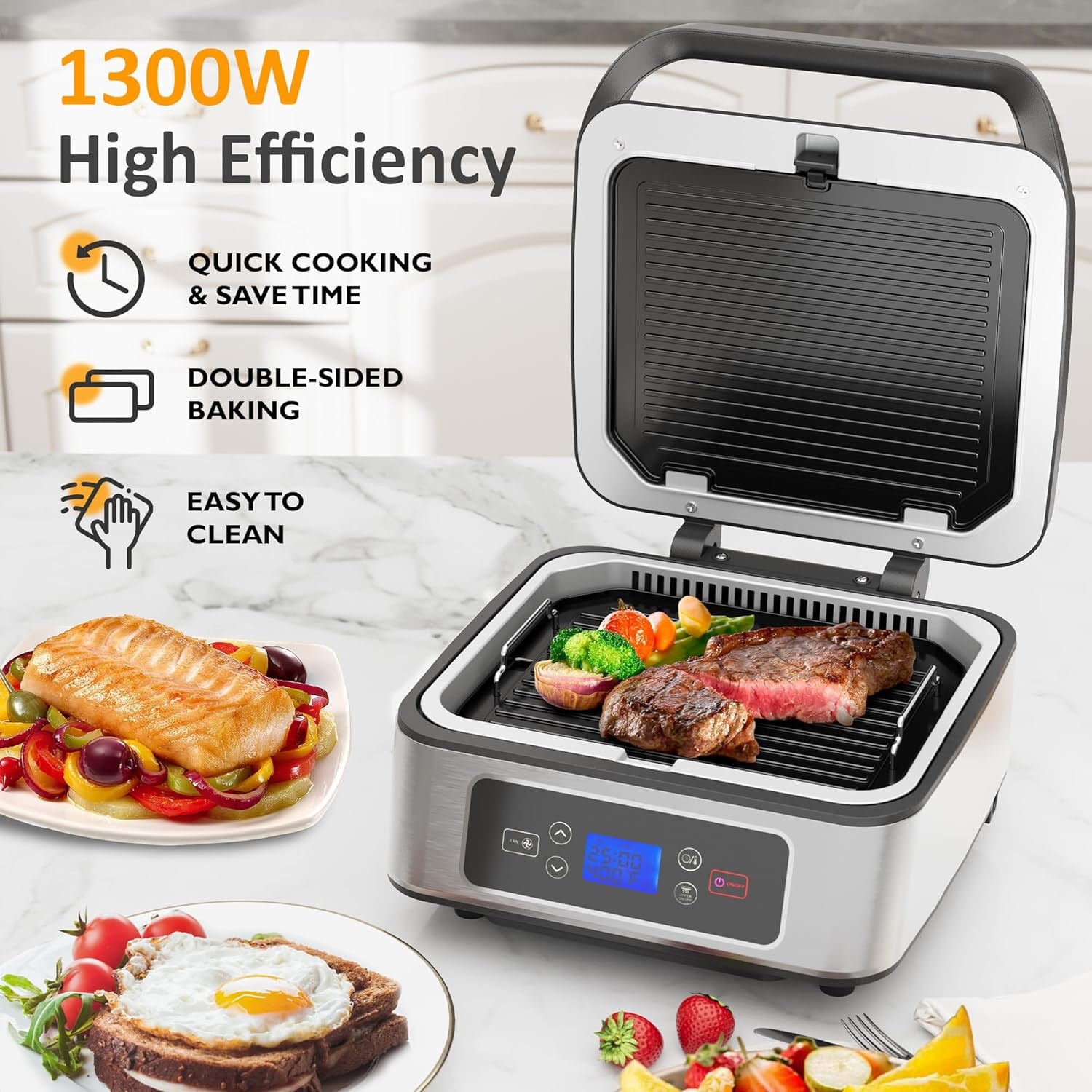 Electric Panini Press Sandwich Maker, 1300W Smokeless Indoor Grill with Removabl