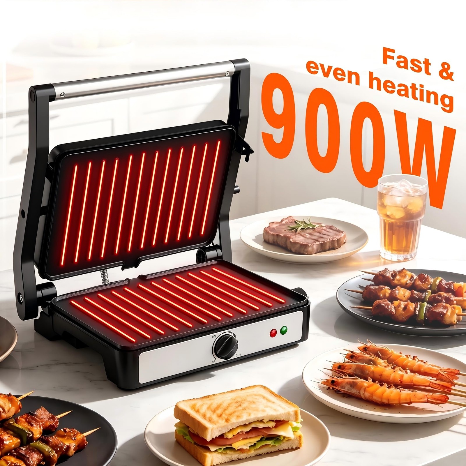 Electric Panini Press Grill 900W Sandwich Maker Non Stick Griddle 9.2 x 5.8 Inch