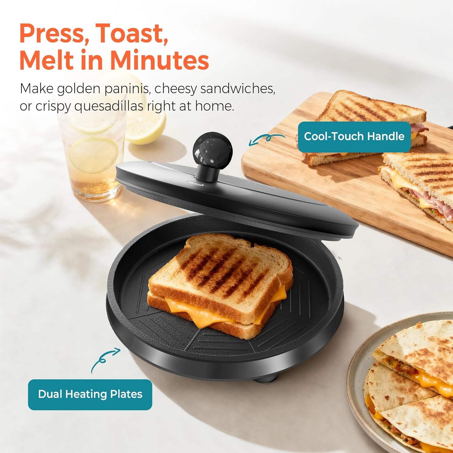 3-in-1 Electric Griddle & Panini Press 8″ Nonstick Round Griddle &Sandwich Press