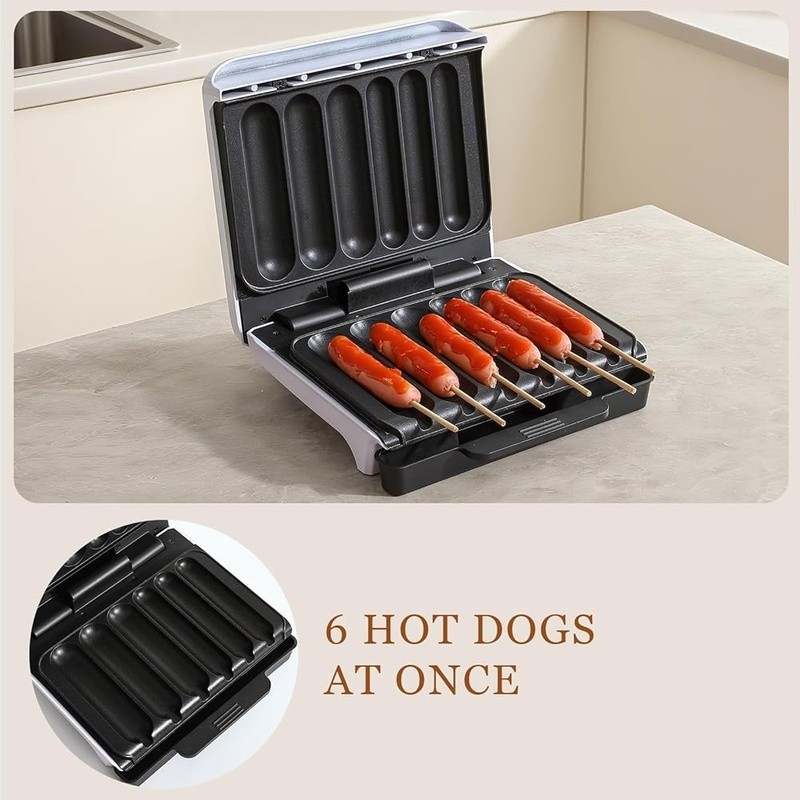 Hot Dog Maker Grills 6 Sausages Non Stick Easy Clean Drip Tray Automatic Control