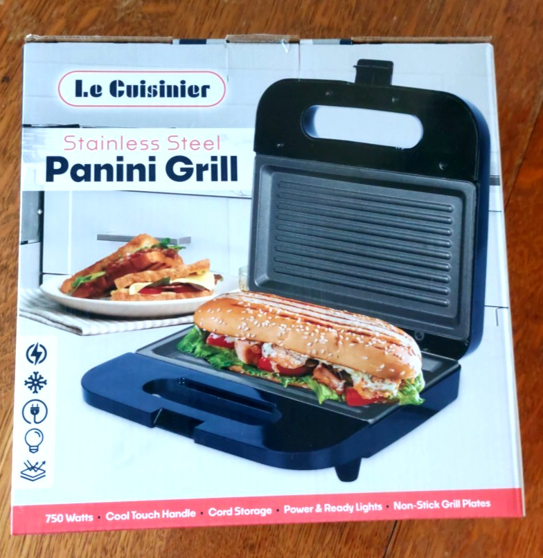 Stainless Steel Panini Grill 750 Watt Non-stick with Cord Storage & Ready Light