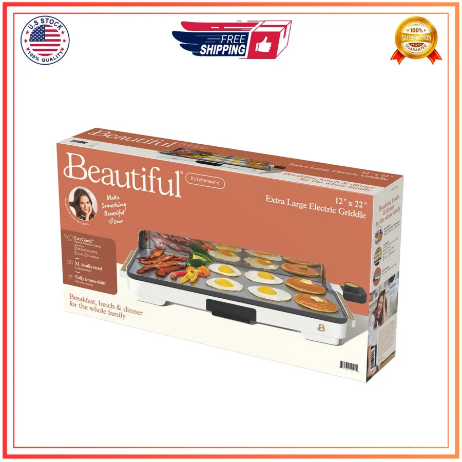 Drew Barrymore Beautiful XL Electric Griddle 12 x 22 Nonstick White Icing