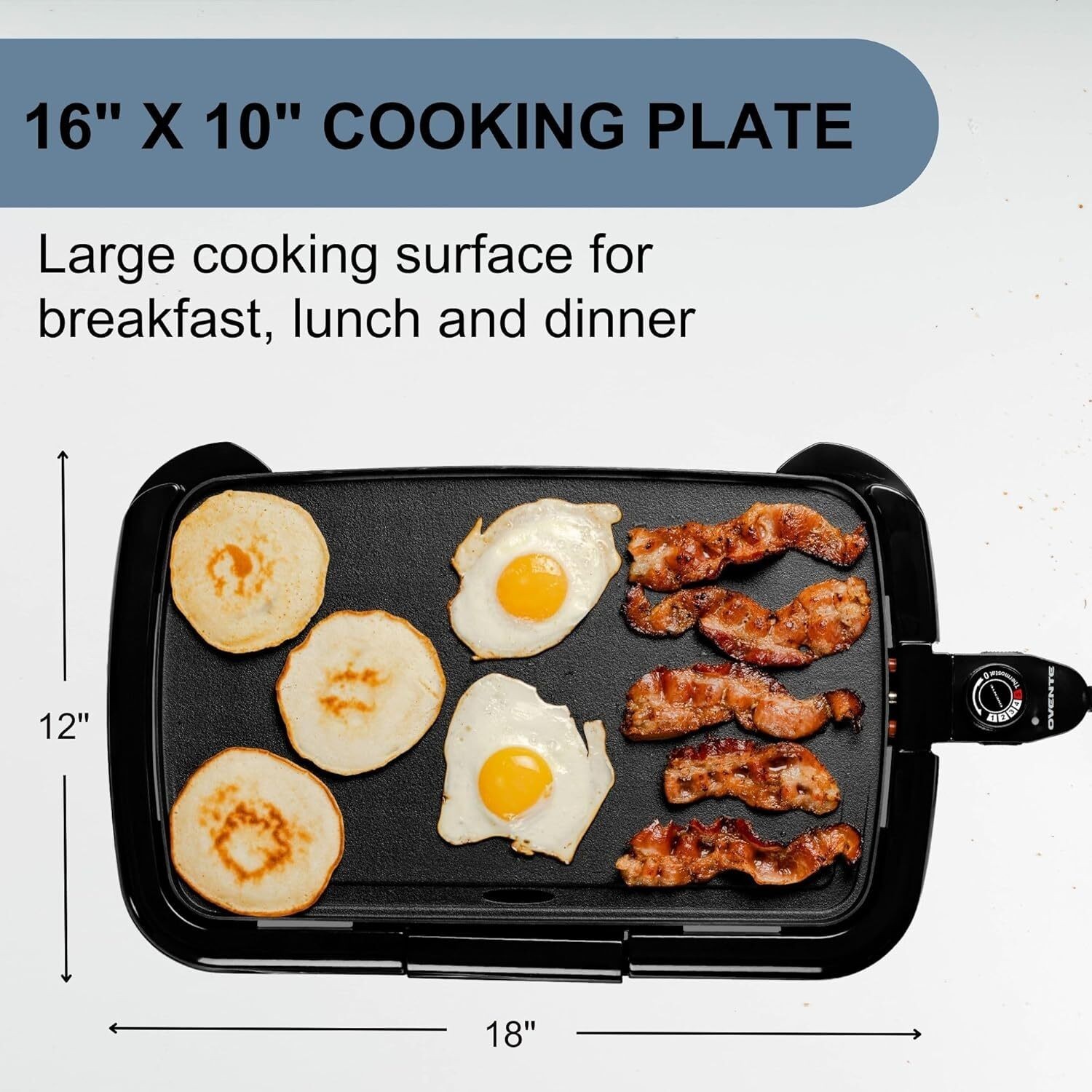 Electric Griddle with 16 x 10 Inch Flat Non-Stick Cooking Adjustable Thermostat