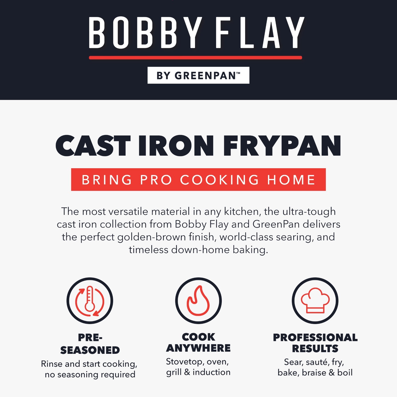 Bobby Flay by GreenPan – 4-Piece Pre-Seasoned Cast Iron Skillet Cookware Set