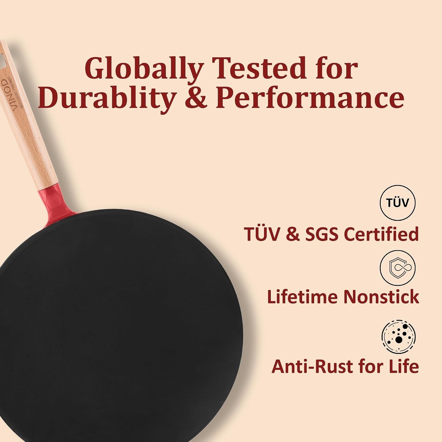 Vinod Freya Cast Iron Roti Tawa Gas Induction TREON Enamel Beechwood