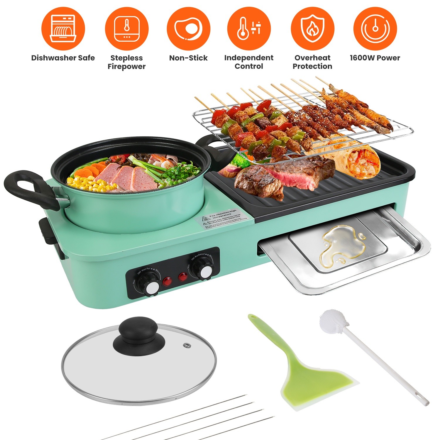 3-in-1 Electric Hot Pot with Non-Stick Grill & Frying Pan 1600W Smokeless HotPot