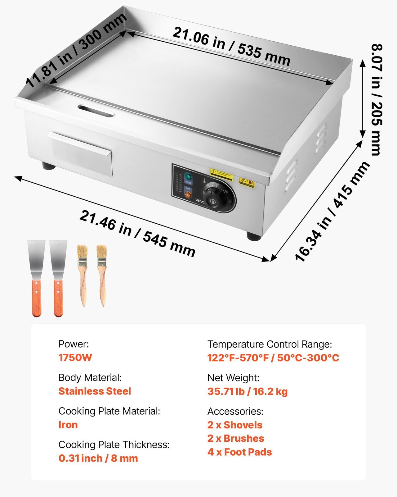 VEVOR Commercial Electric Griddle, 21 x 11.8 inch, 1750W, 122-570°F Adjustable T