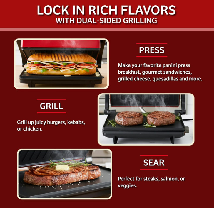 Parrilla panini eléctrica con placas antiadherentes para sándwiches y carnes roj