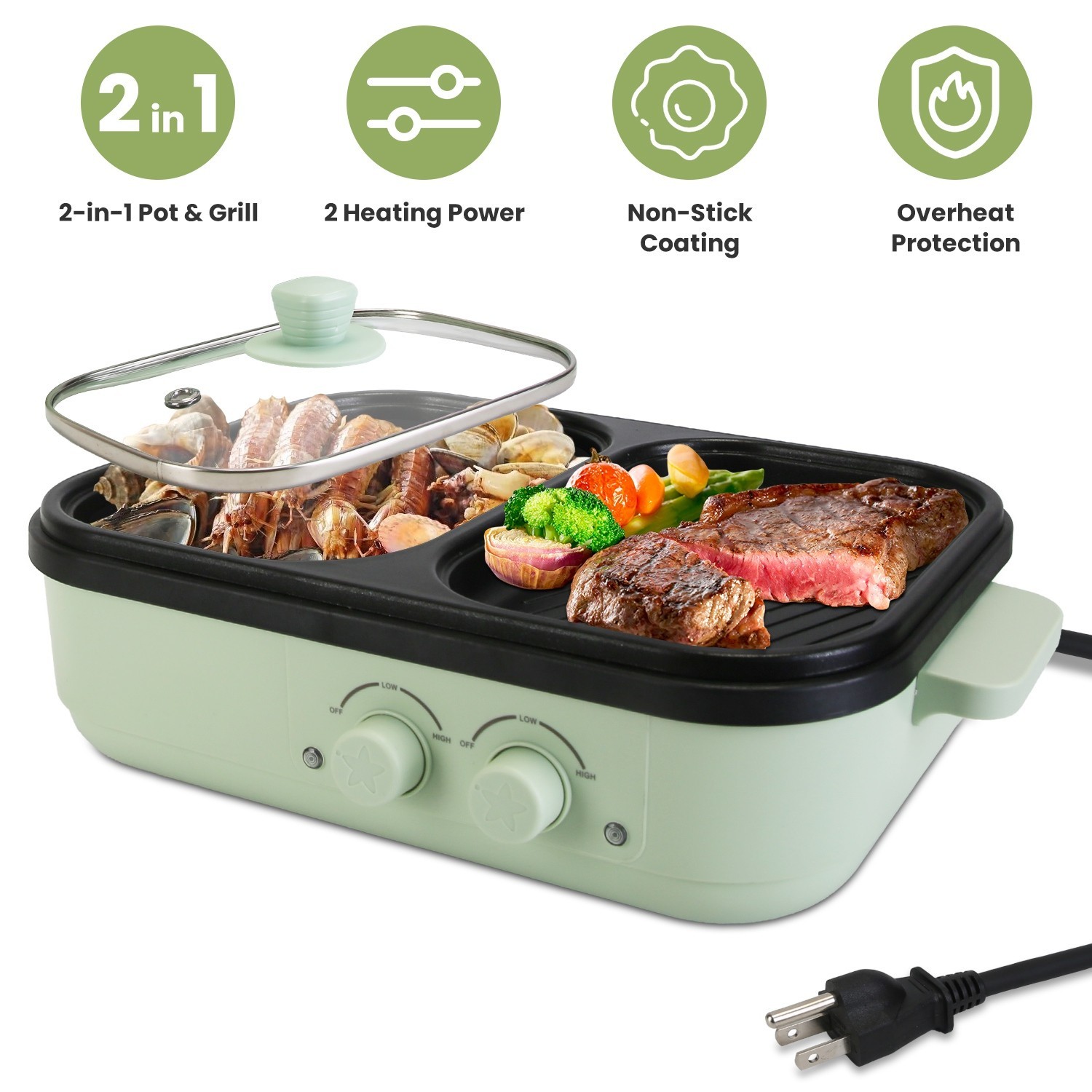 1Pc Electric Hot Pot With Grill 2-in-1 Hot Pot And Frying Pan Portable Non-Stick